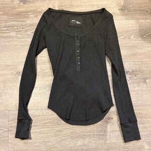 aerie Gray Ribbed Henley Long-Sleeve Top